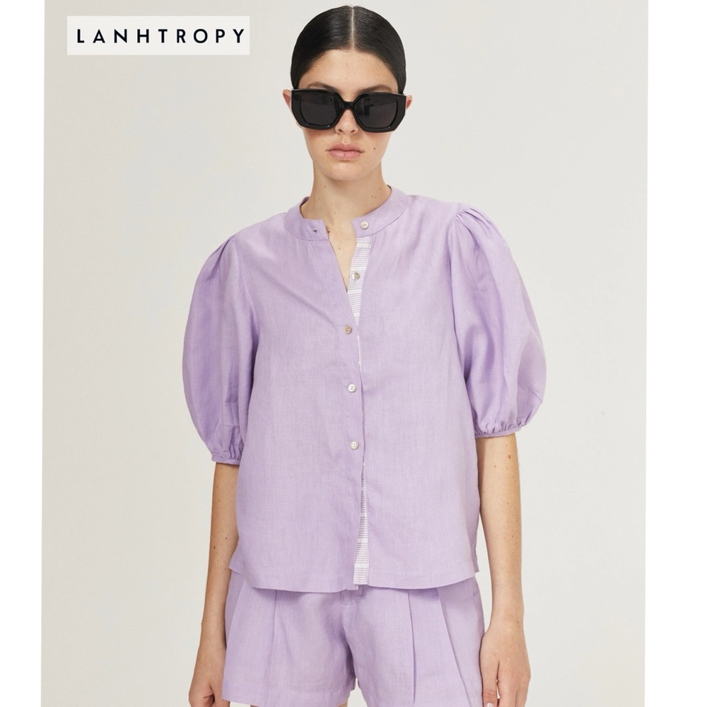 NWT LANHTROPY BUBBLE LINEN SHIRT BRIGHT LILAC WITH CONTRASTING DETAILS M